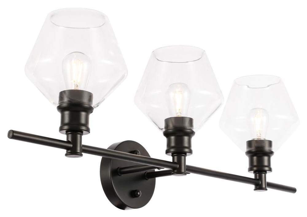 Living District Gene Industrial Mid-Century Modern 3 Light Entryway and Bathroom Wall Sconce in Black and Clear Glass