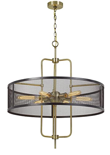 Cal 60W x 6 Leiden Metal Chandelier, Antique Brass/Black, 28 x 28 x 31.5 inches, Model FX-3727-6, Mesh Shade, Edison