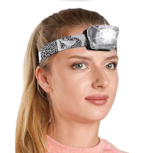 Foxelli LED Headlamp Flashlight, Lightweight Waterproof, White & Red Light, Model MX20, Spotted Color, 3 AAA Batteries Included