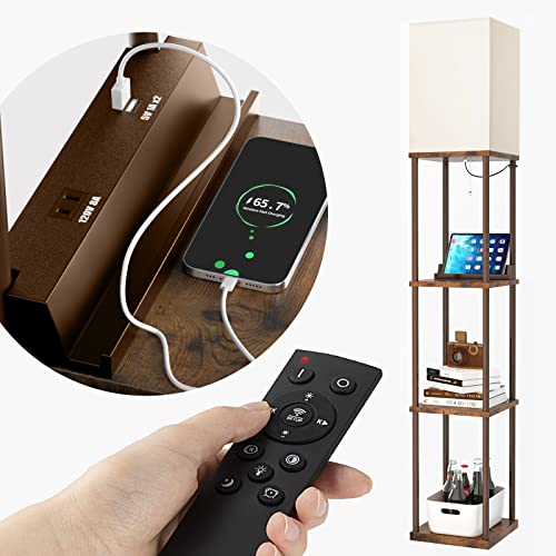 Addlon Modern Floor Lamp With Shelves, Remote Control, 2 Usb Charging Ports And 1 Power Outlet, Display Floor Lamp With Shelves