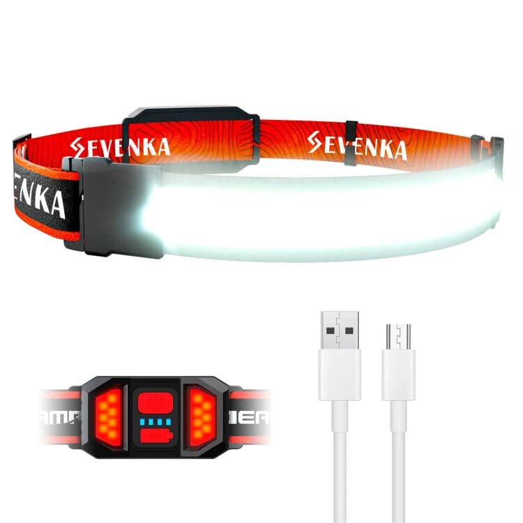 SEVENKA Rechargeable LED Headlamp Flashlight, 500 Lumen, Adjustable Headband, Lightweight, Orange Red, for Camping and Hiking