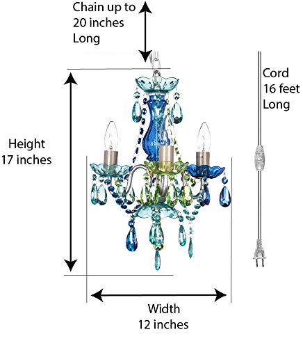 Gypsy Color Plug-In 3-Light Chandelier, Blue Green Glass, Silver Metal Frame, H17”Xw12”, Model Gymibg