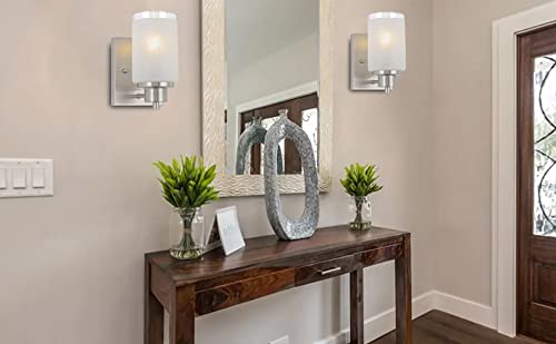 Eidonta 2 Pack Bath Vanity Light Fixture - Modern Wall Sconce with White Linen Frosted Glass Shades, Brush Nickel Finish for Bathroom, Kitchen, Entryway