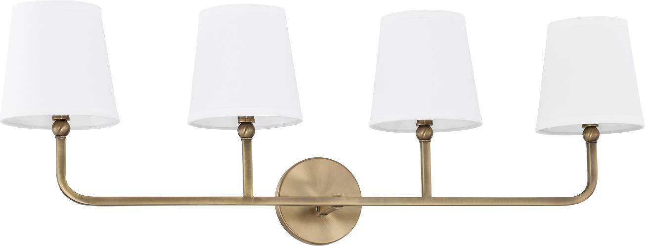 Capital Lighting 119341AD-674 Dawson Decorative White Fabric Stay-Straight Shade Bath Vanity Wall Mount  4-Light 240 Total Watts  12 H x 35 W  Aged Brass