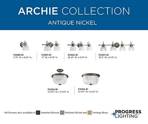 Progress Lighting Med Flush Mount Fixture, 2 x 75W, Antique Nickel, Model P3740-81, Glass