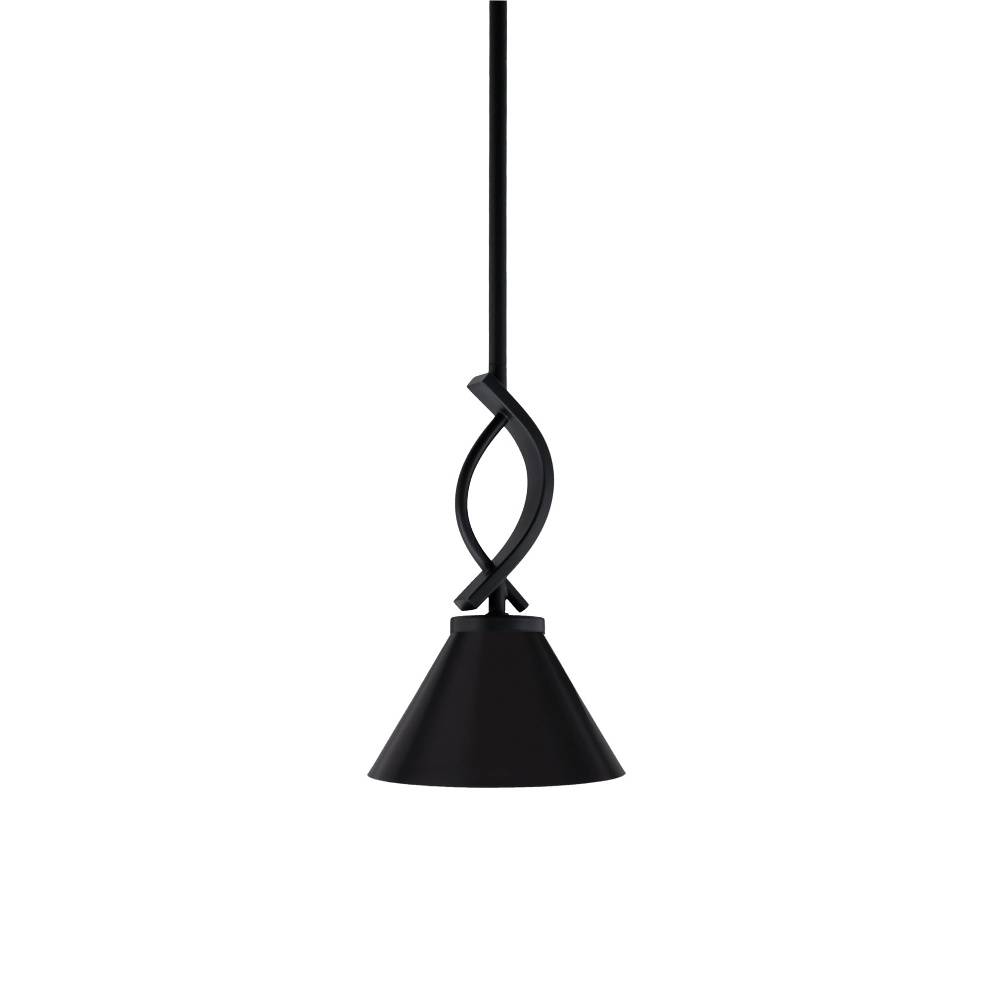 Cavella 1 Light Stem Mini Pendant Shown in Matte Black Finish with 7&quot; Matte Black Cone Metal Shade
