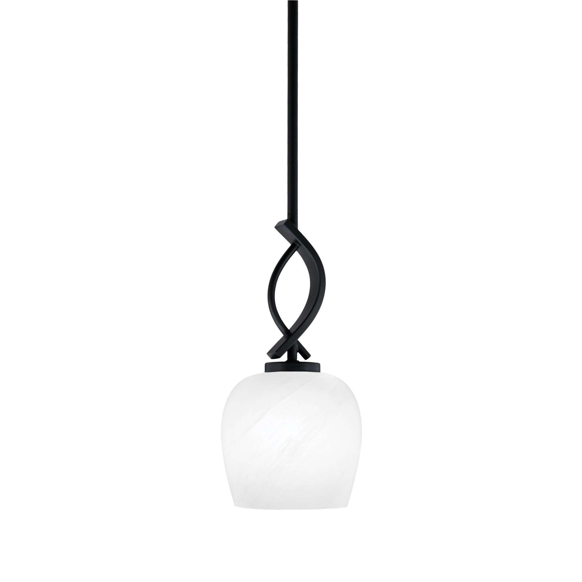 Cavella 1 Light Stem Mini Pendant Shown in Matte Black Finish with 6&quot; White Marble Glass