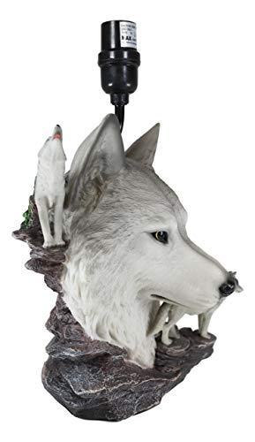 Ebros Gift Wildlife Rustic Full Moon Gray Wolf Akela Head Bust With Howling Wolves On Rocks Sculptural Desktop Side Table Lamp With Shade Home Furnishing 19"Tall Wolves Timber Wolf Family Decor Statue