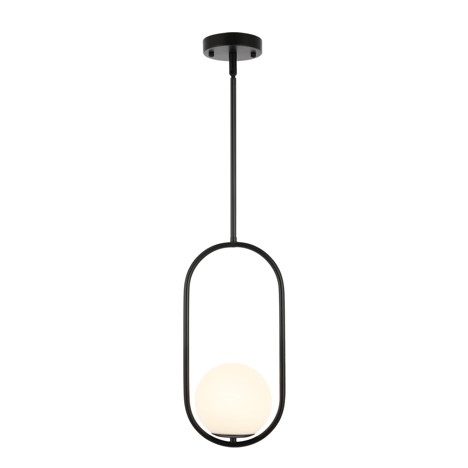 BYOLIIMA Modern Globe Pendant Light Mid Century Chandelier 1-Light Matte Black Ceiling Hanging Lighting Fixture with White Globe Glass Shade for Kitchen Island Dining Room Bedroom