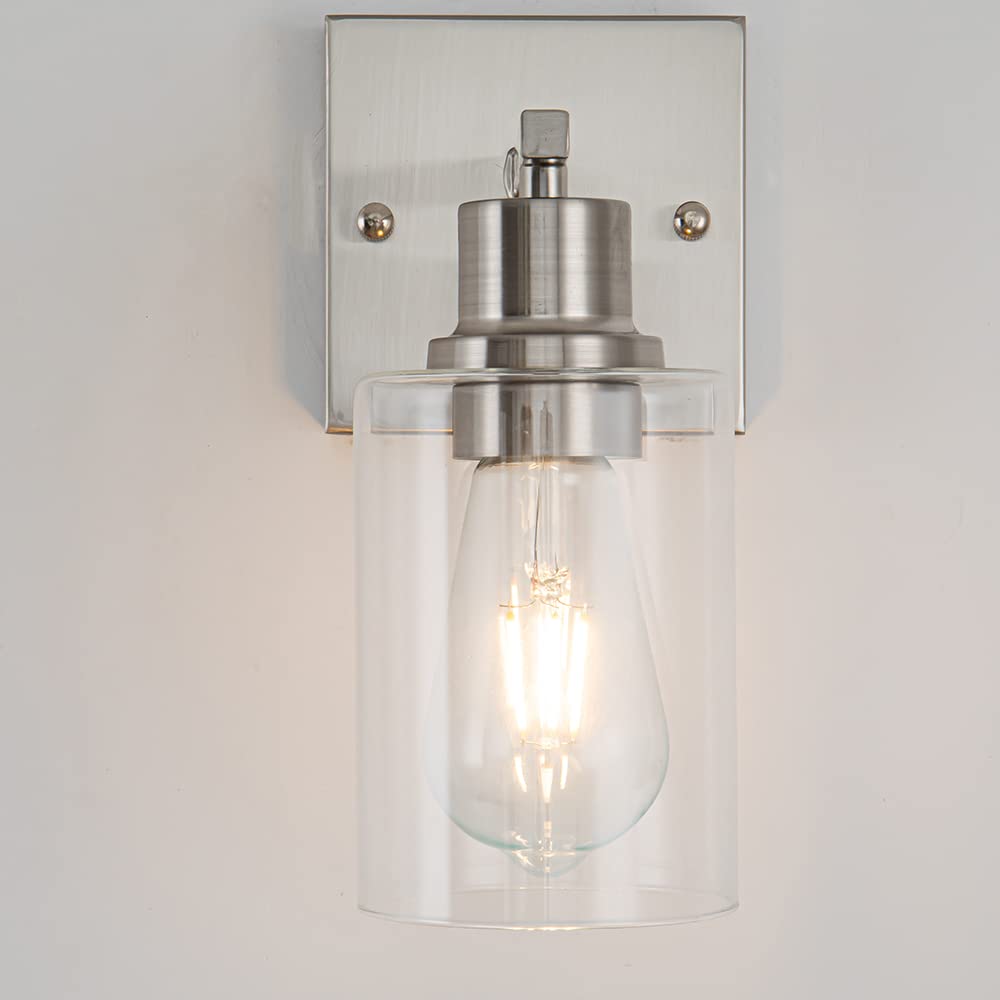 Emong Brushed Nickel Bathroom Light Fixtures, 1-Light Vanity Lights With Clear Glass Shade, Wall Sconces For Hallway, Farmhouse,
