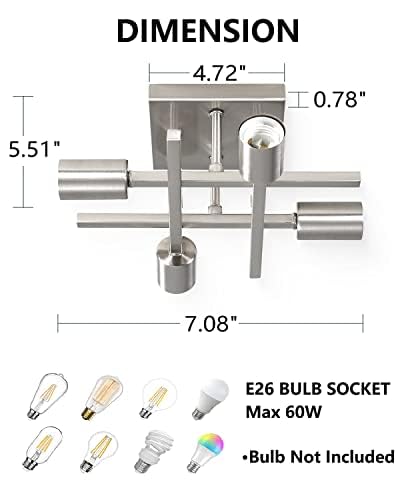 Youroke 2 Pack 4-Light Semi Flush Mount Ceiling Light, Modern Brushed Nickel Close To Ceiling Light Fixtures, Easy Assembled, Ho