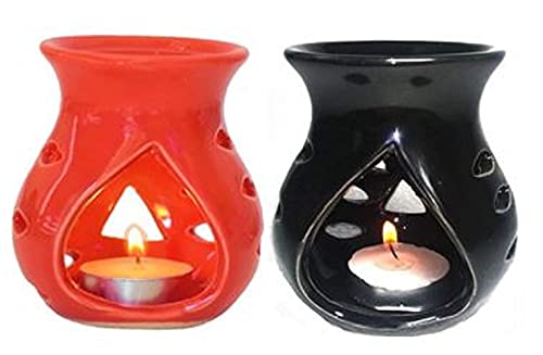 Mkd2 Rise Ceramic Candle Operated Aroma Burner Oil Diffuser Lamp (Red & Black) -Set of 2 for Home Fragrance