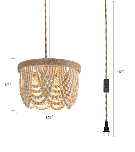 AMZASA Plug-in Chandelier, 14.8FT Hemp Rope Pendant Light, 3 Lights, Natural Color, Model AS9016-3P for Nursery, Bedroom, Living Room