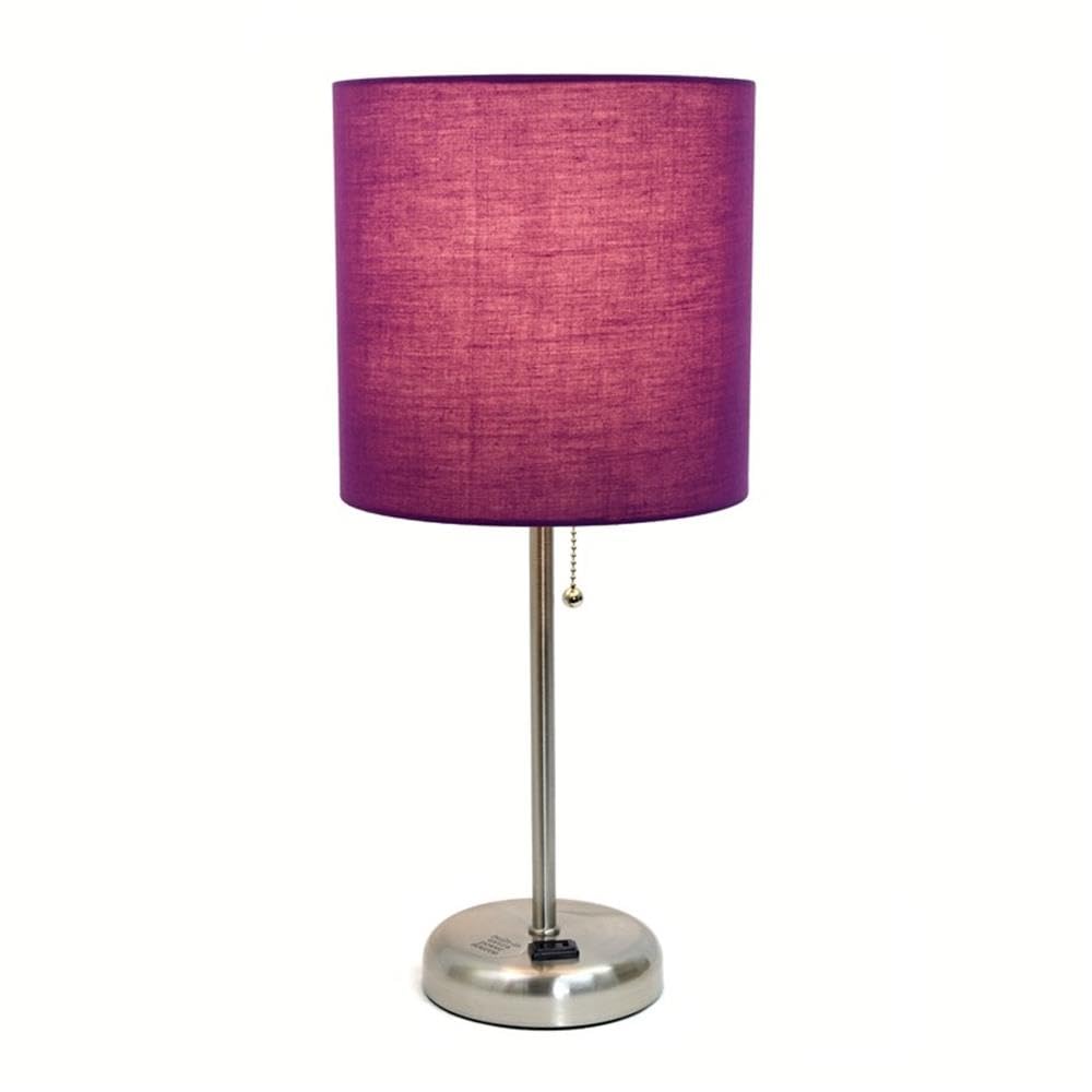 Creekwood Home Oslo 19.5&quot; Metal Table Lamp With Purple Shade & Power Outlet, Brushed Steel