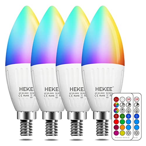 HEKEE E12 LED Candelabra Light Bulbs, Color Changing RGB + 2700K Warm White, 5W, 450 Lumen, 4 Count, Remote Control