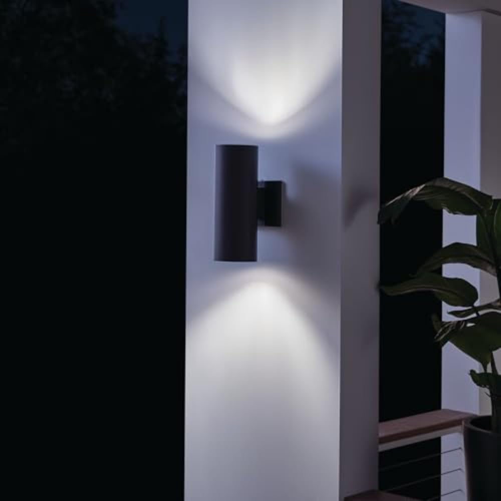 Kichler 2-Light Outdoor Wall Sconce, Black Aluminum Cylinder Fixture, 12in H x 5in W, Model 9244BK