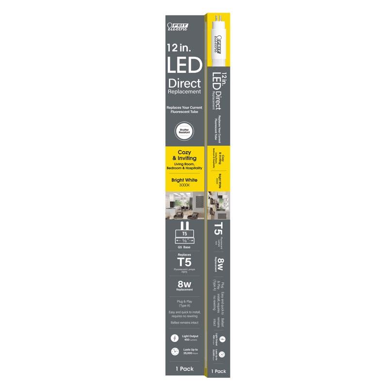 Feit Electric 12 in. Bi-Pin LED Lamp, 8 Watt Equivalent, Bright White, Glass, Model T512/830/LED, One Size