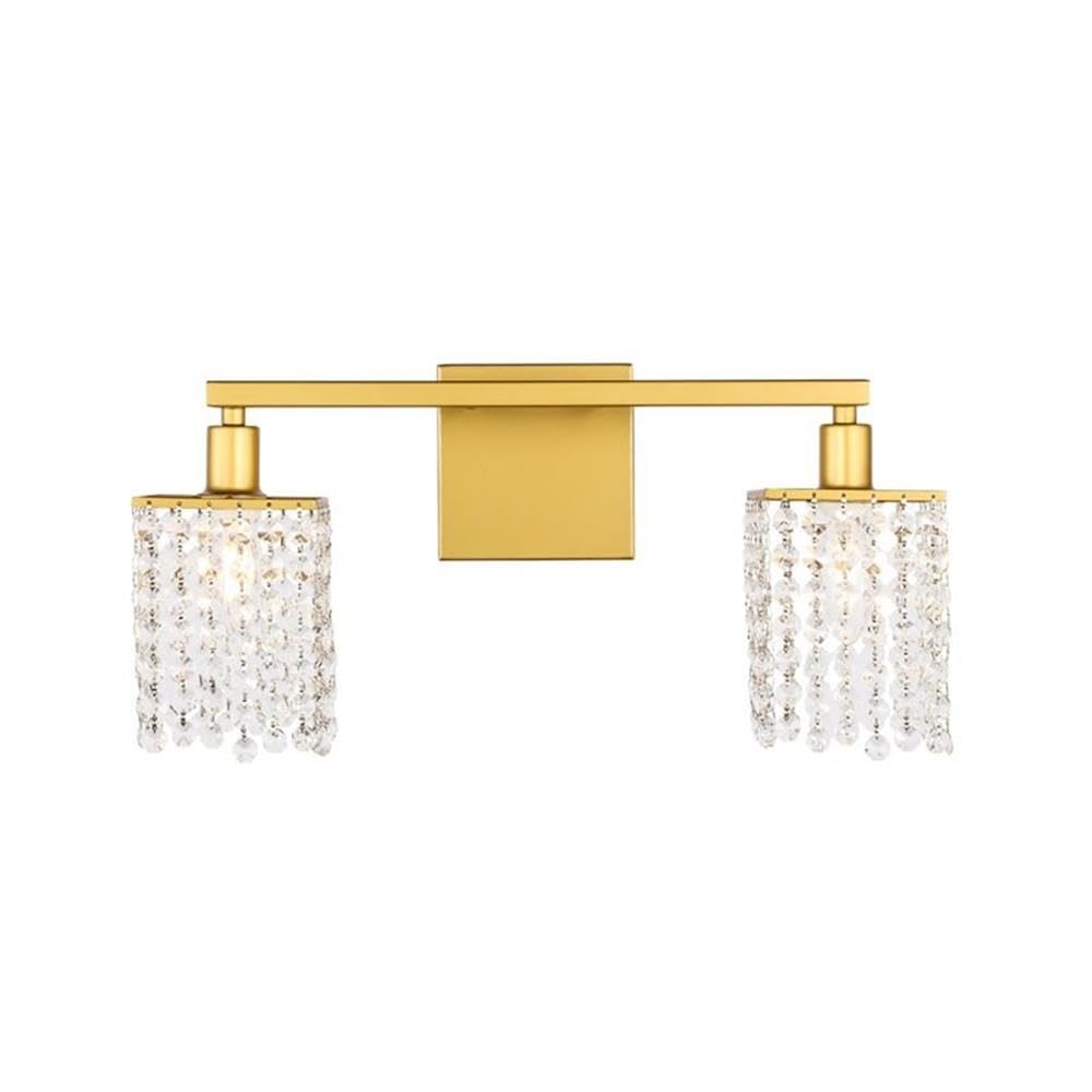 Living District Midcentury Modern 2-Light Bathroom Wall Sconce, Brass & Clear Crystals
