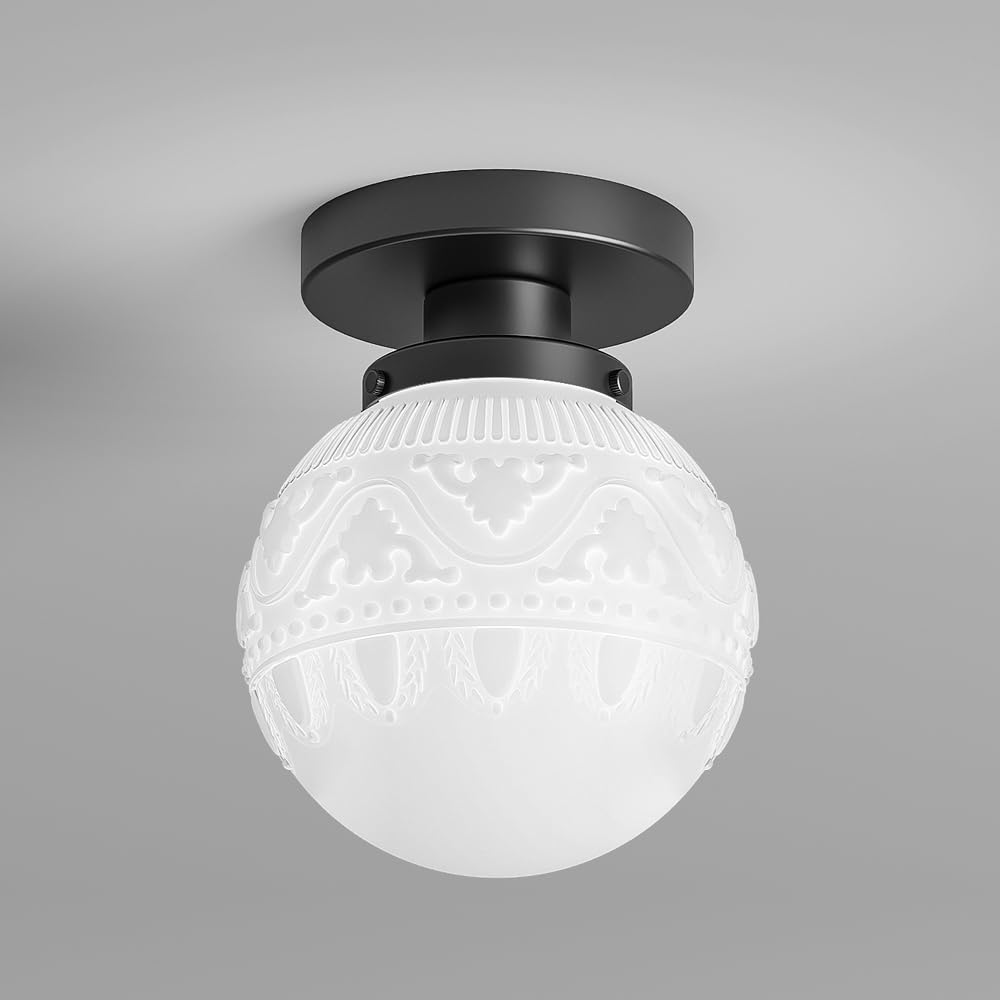 Daunton Semi Flush Mount Ceiling Light, Modern Globe Milk Glass Ceiling Light Fixture, Vintage Small Black Hallway Light Fixture
