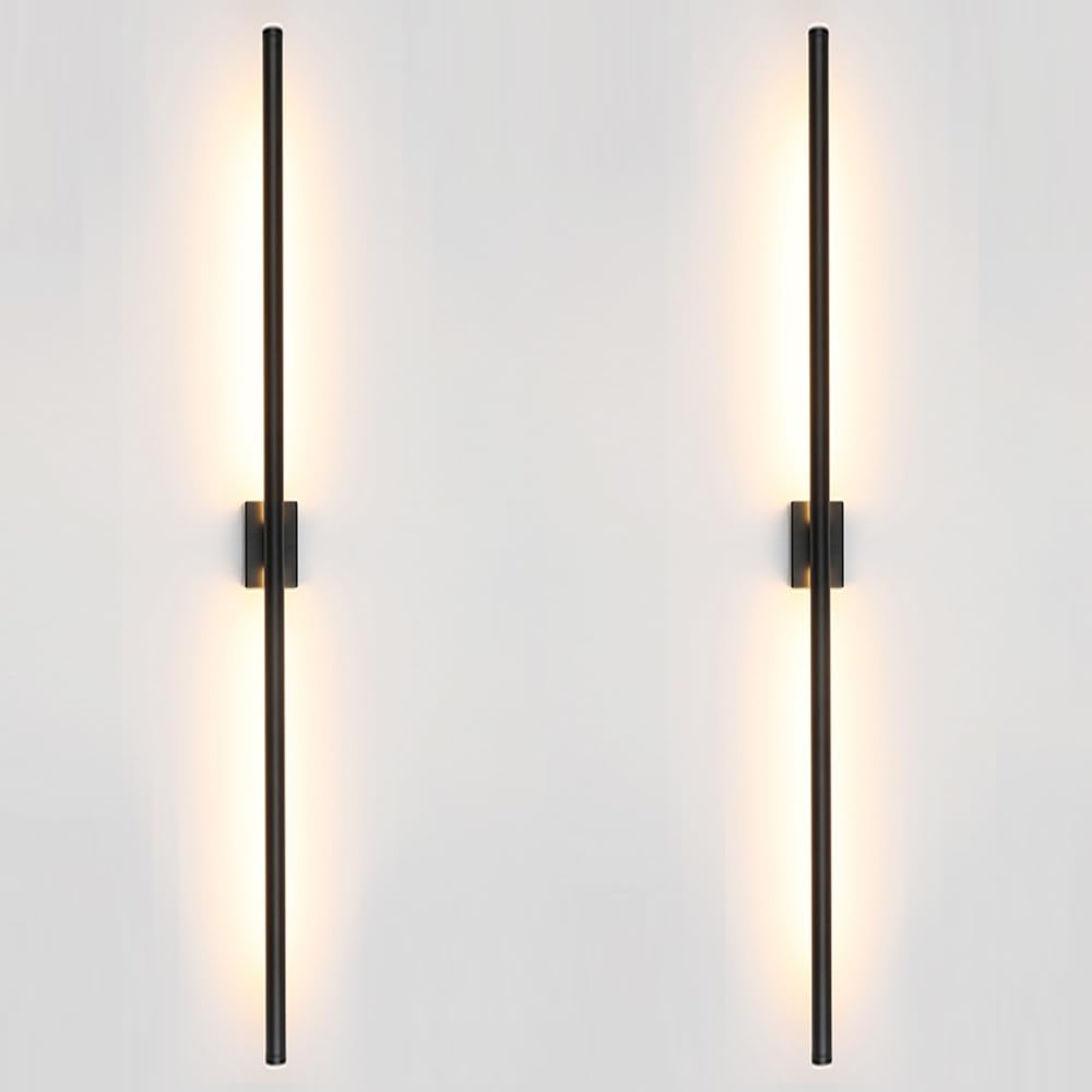Reddragon Lighting Set Of 2 Minimalist Long Tube Linear Led Wall Sconce Hardwired 48 Inch Slim Rod Vanity Wall Light For Living Room Corridor Bathroom Bedroom (2 Pack, 48'', Black, Dimmable)