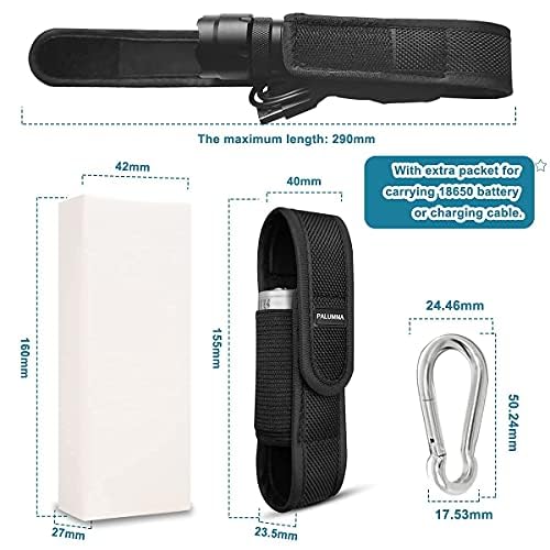 PALUMMA Nylon Flashlight Pouch Holster with Carabiner, Fits Flashlights Up to 7 inches, Black, Model ???