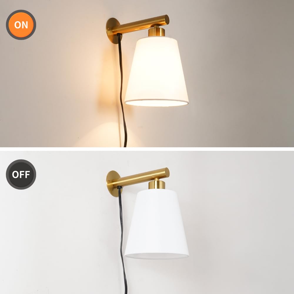 OIYIO Gold Plug-in Wall Sconces Set of 2, Fabric Linen Shade, Model 240910, Bedroom & Living Room Wall Lights