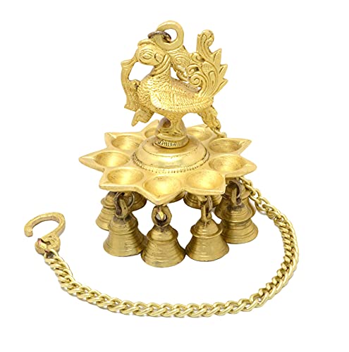 Two Moustaches Peacock Design Brass Hanging Diya with Bells, Hanging Lamp, Pooja Lamp, 1.1 Kg Hanging Lamp Diya, 4 Inches Diya,
