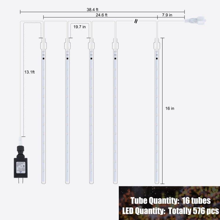 Minetom Meteor Shower Icicle Christmas Lights Outdoor, 16 Inches 16 Tubes 576 Led Dropping Connectable Hanging Falling Rain Ligh