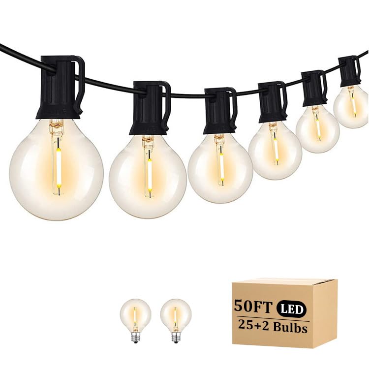 RYKUG 50FT LED Outdoor String Lights with 27 G40 Bulbs (2 Spare) Connectable Yard Hanging Lights for Party Tents Patio Gazebo Po