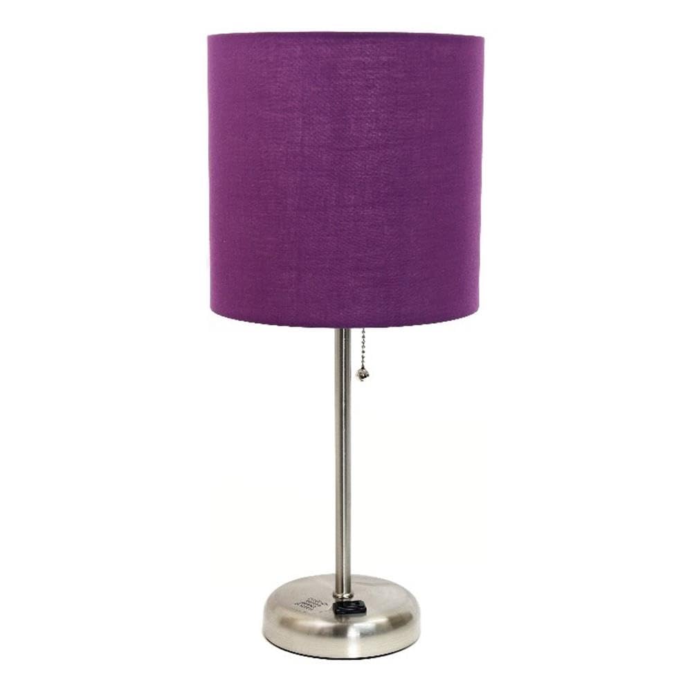 Creekwood Home Oslo 19.5&quot; Metal Table Lamp With Purple Shade & Power Outlet, Brushed Steel