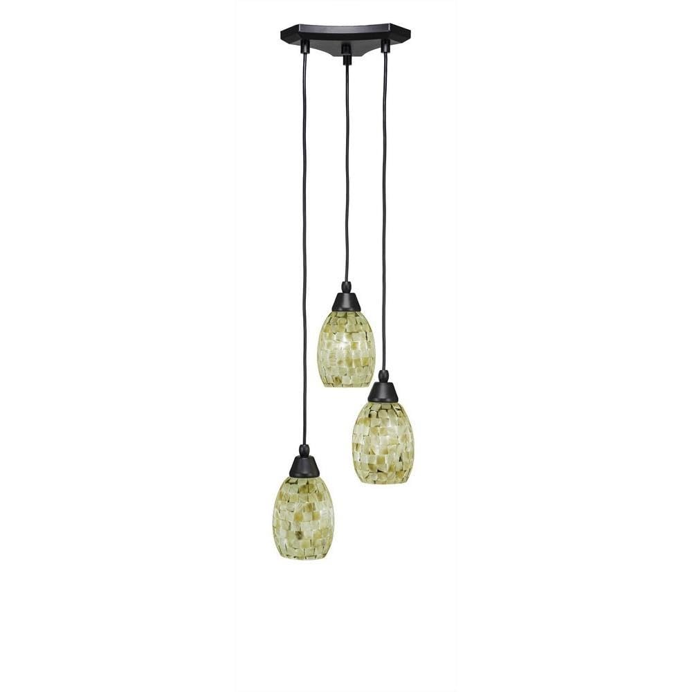 Toltec Lighting 28-Mb-406 Europa 3 Light Multi-Light Mini Pendant With Ivory Glaze Seashell Glass, 5&quot;, Matte Black