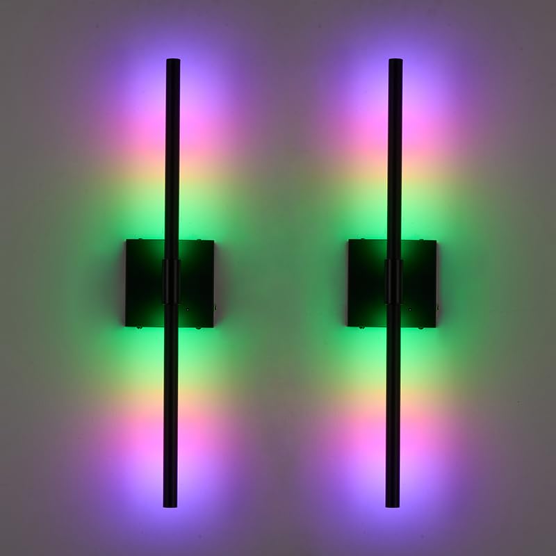 Morauroral RGB Wall Sconces Set of 2, Dimmable Rechargeable, 24 Inch Black LED, Model 7812, Metal