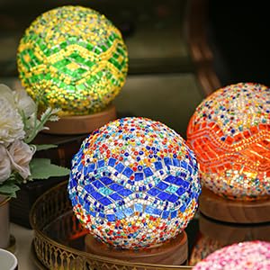 HAIDOLIANG Boho Lamp - Mosaic Glass Table Lamp, USB Powered, 4.7" x 5.2", Baroque - Blue, Wooden Base, Perfect for Living Room &