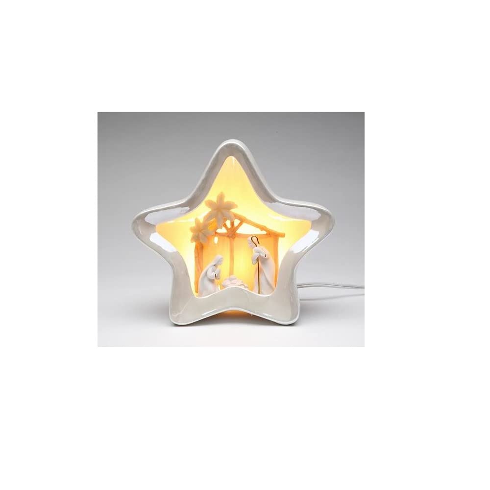 7 3/8 Inch White Star Shaped Night Light With Nativity Scene Center