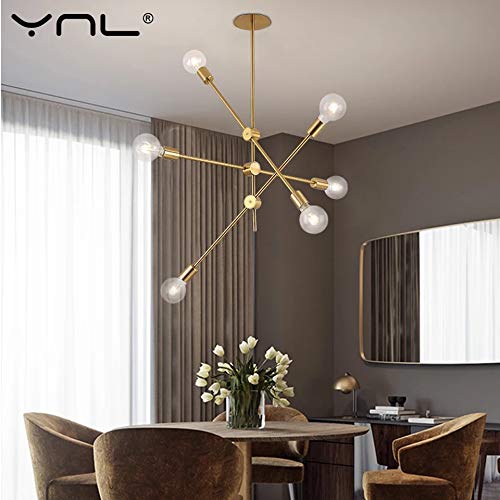 Hobaca Modern Golden Sputnik Light Fixture, Metal Chandelier, Mid Century Design for Dining Room, Kitchen, Foyer, Model Hobaca-CL01-FZ