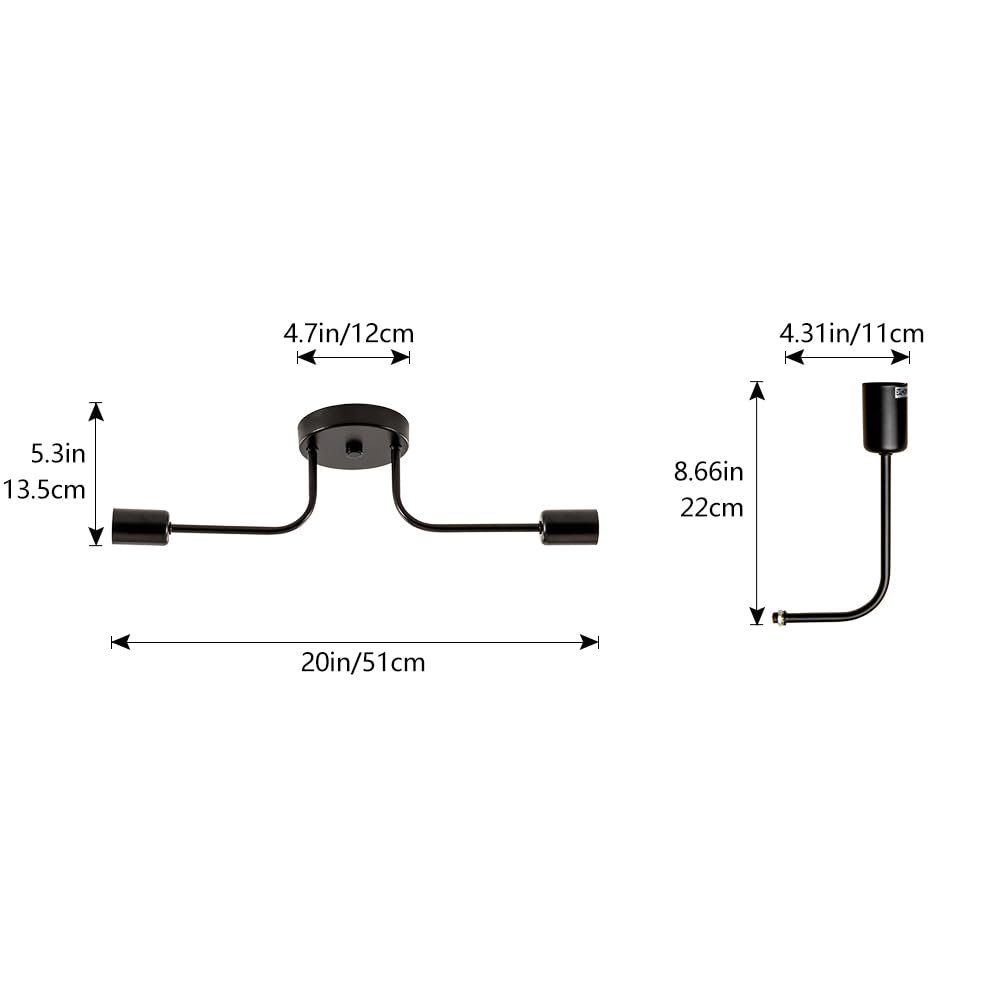 Industrial Semi Flush Mount Ceiling 2 Light With Adjustable Metal Branched Vintage Ceiling Light E26 Holder Black Painted For Ki