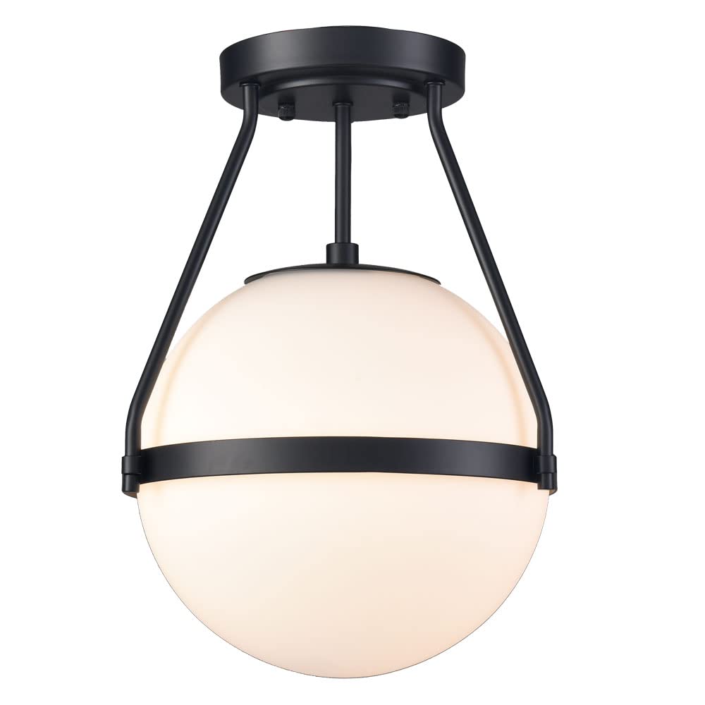 HOLKIRT Mid Century Semi Flush Mount Ceiling Light, 10 Inch Globe, Black Metal with White Opal Glass Shade, Model HB7106CU-BK
