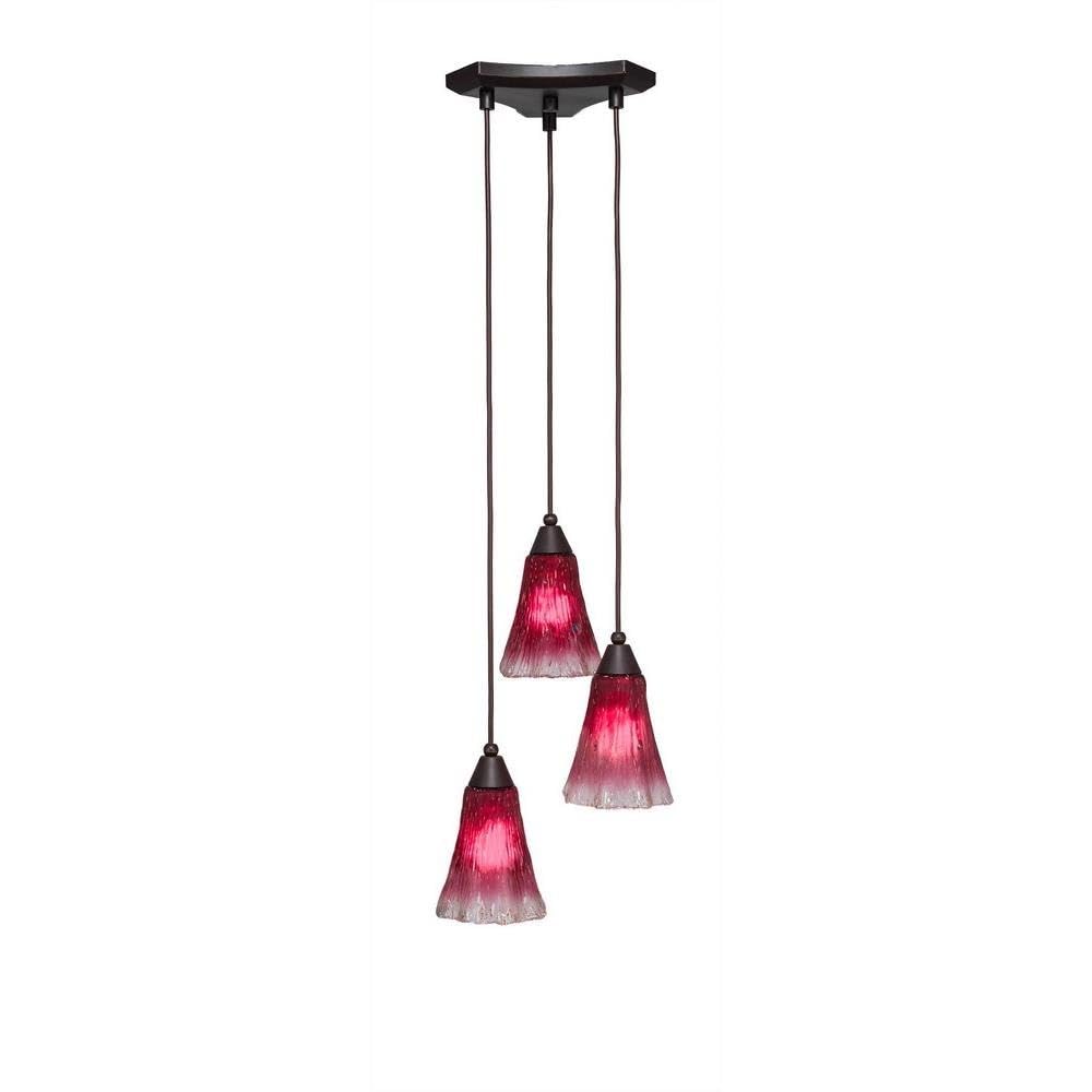 Toltec Lighting 28-Dg-726 Europa 3 Light Multi-Light Mini Pendant With Fluted Raspberry Crystal Glass, 5.5&quot;, Dark Granite