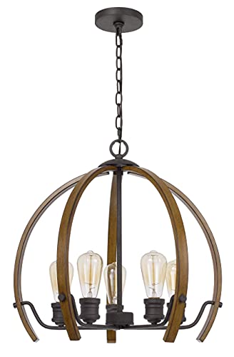 Cal Riverton Metal Chandelier, 20.63inH, Faux Oak Wood Finish, 22.25inW, Model FX-3764-5, Wood