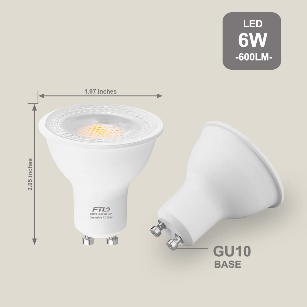 Ftl Gu10 Led Bulbs Dimmable 3000K Warm White 6W 600Lm, 60W Halogen Replacement, 40 Degree Spot Track Light Bulbs, Recessed Ceili