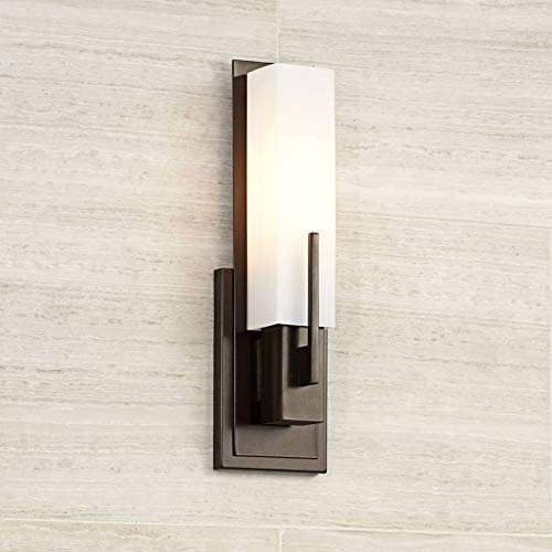 Possini Euro Design Midtown Modern Wall Light Sconce Bronze Hardwired 4 1/2'' Fixture Opal White Glass Rectangular Shade For Bed