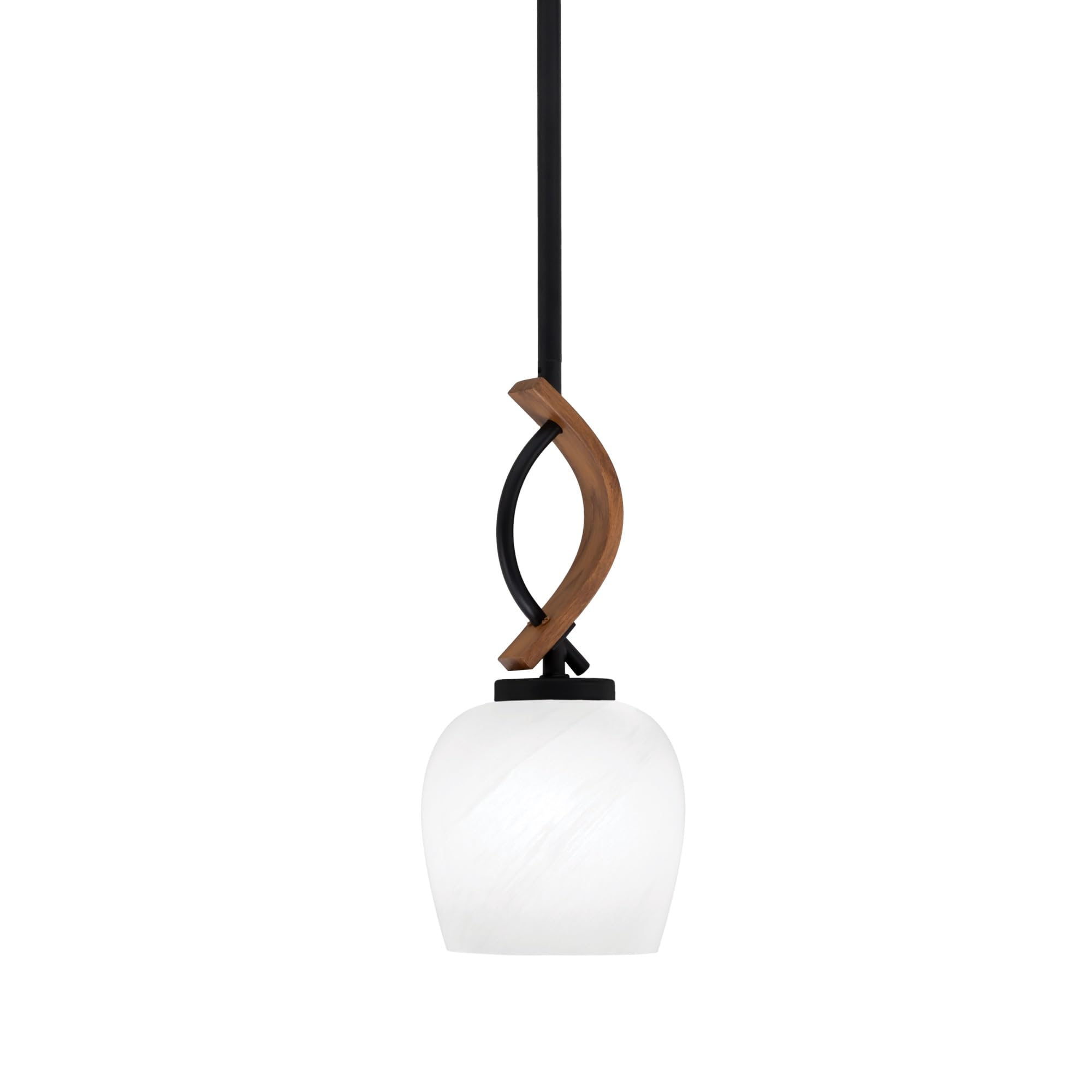 Toltec Lighting Monterey Stem Hung Mini Pendant, Matte Black & Wood-Look Finish, 6in White Marble Glass