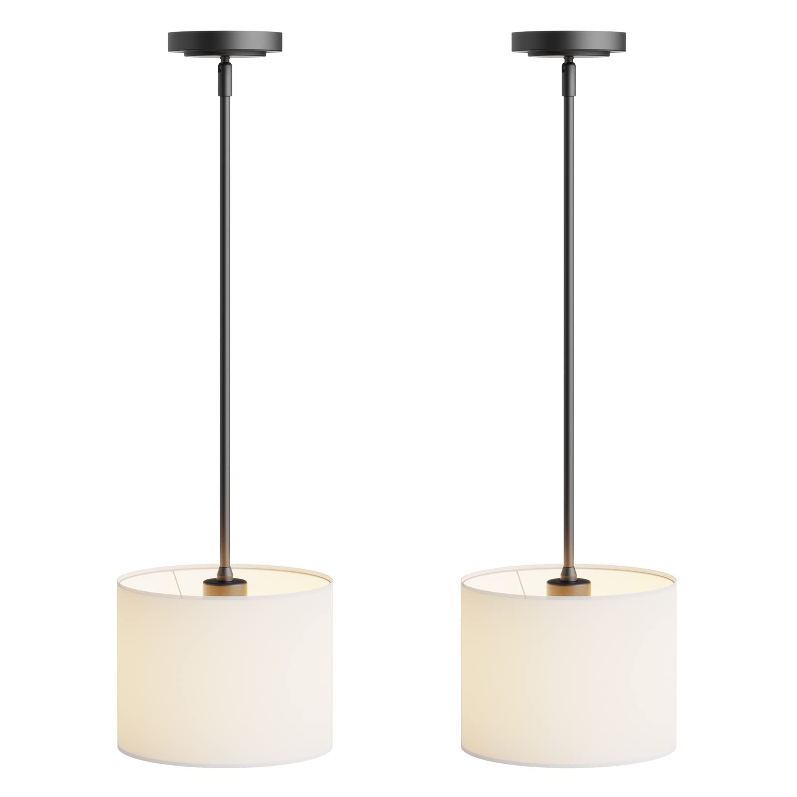 Electro Bp;9'' Dia White Linen Drum Shade Hanging Pendant Light Fixture With Black Pole Kit,E26,Hardwired,2-Pack;