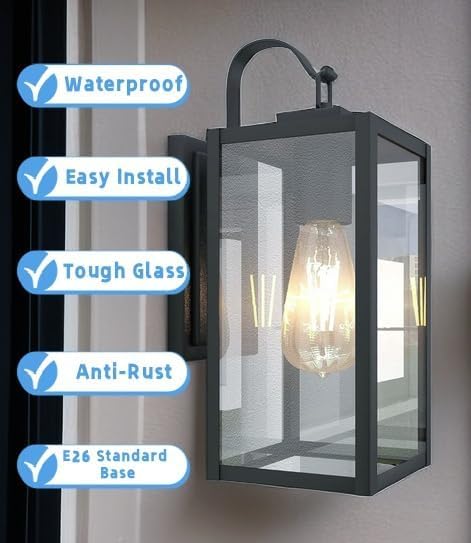Wisbeam 2 Pack 13.75In Black Outdoor Wall Sconce, Dusk To Dawn Outdoor Wall Light, E26 Base 60W Max, Metal Housing Plus Glass, E