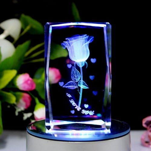 Gracesdawn K9 Crystal Material 3D Laser Etched Crystal Rotating Rose -4 Led Colorful Lights Can Be Rotated