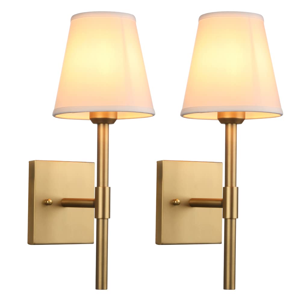 Pathson Set of 2 Hardwired Bathroom Wall Sconces with White Fabric Shade, Cloth Wall Mounted Lighting for Living Room Bedroom Ha