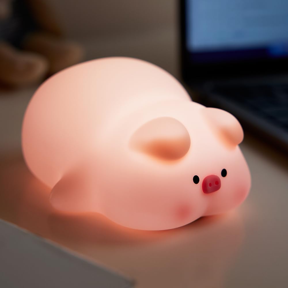 ATSUI Pig Night Light, Rechargeable Silicone Lamp, Adjustable Brightness, Pink, Model ATLE008AP