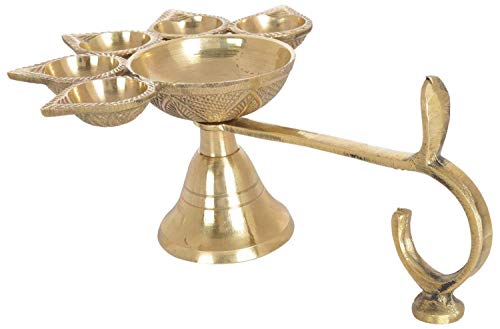 Radhika Poojan Bhandar Brass Panch Arti Diya for Puja with Curved Handle for Holding ( Gold )