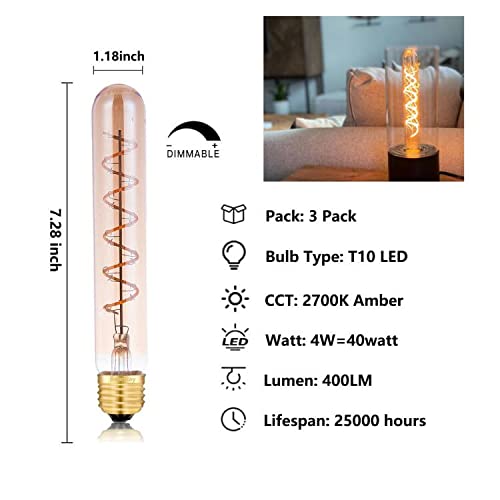 Dimmable 4W Tube Led Eison Bulb, T10 Vintage Long Led Bulb 40 Watt Equivalent Warm White 2700K, E26 Medium Base Amber Colored 7.
