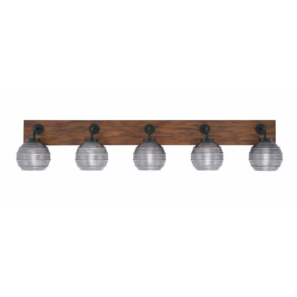 Toltec Lighting 1775-Mbwg-5112 Oxbridge - 5 Light Bath Bar-9 Inches Tall And 46.75 Inches Length, Finish Color: Matte Black/Painted Wood-Look Metal, Glass Color: Smoke Ribbed